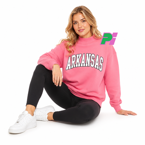 Women's <b>Pink</b> Arkansas Mock Neck <b>Sweatshirt</b> Full Sleeve Letter Print Knitted Cotton Autumn Wear Embroidery Mock Neck <b>Sweatshirt</b> - Product Image 1