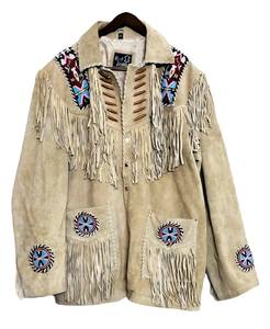 Real Leather Beige <b>Suede</b> Raw Fringe Windproof <b>Jacket</b> Hand Embroidered Solid Western Style Full Sleeve Winter Wear - Product Image 1