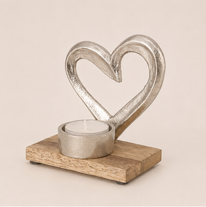 Luxury Polished Aluminum Double Heart <b>Tea</b> Light Candle Holder With Rustic Mango Wood Base For Tabletop Home Decoration Wholesale - Product Image 5