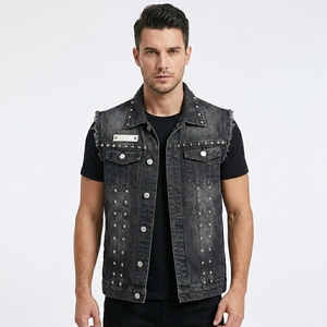 Gilet en jean décontracté pour homme, col rabattu, décoré de rivets, style motard, vêtement d'extérieur, couleur unie, tissé en polyester et coton 300 g/m², pour l'automne - Product Image 1