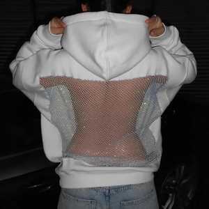 Sweat-shirt à capuche noir surdimensionné pour femme avec panneau arrière en maille orné de strass, sweat-shirt décontracté à manches longues style streetwear - Product Image 5