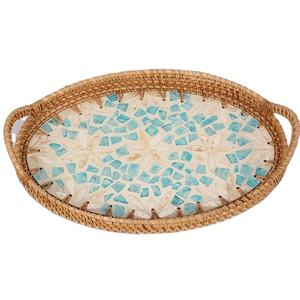Bandeja de Servicio Ovalada de Nácar Sostenible con Ratán, Diseño de Mosaico Azul, Proveedor Mayorista para Mesa de Comedor de Cocina - Product Image 1