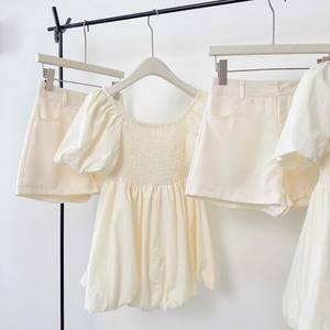 OEM Solid <b>White</b> Puff Sleeve <b>Babydoll</b> Dress with Built-in Shorts Set for Women 100% Polyester Quick Dry & Breathable Loose Fit - Product Image 4