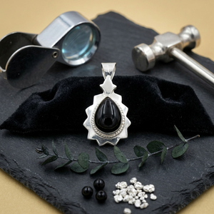 Collier pendentif goutte d'eau en onyx noir fait main, onyx noir naturel taillé en poire, finition mate satinée plaquée argent, bijoux bohèmes en laiton - Product Image 1