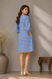 Robe décontractée à carreaux bleus et blancs à manches longues, robe midi à coupe évasée avec poche pour femmes - Product Image 3