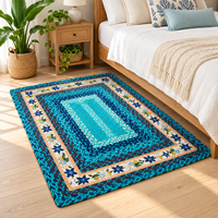 Tapis rectangulaire personnalisable 100 % jute écologique 3x5 pieds bleu turquoise, tissage plat à carreaux, bordure florale