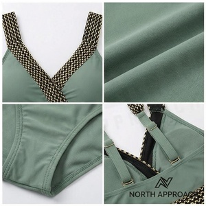 Women's Green Swimdress With Checkered Contrast Binding <b>Crossed</b> Halter Neckline And Skirt Bottom - Product Image 4