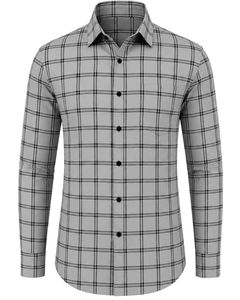 Camisa de Franela Personalizada para Hombre, a Cuadros Grises y Negros, Formal, Casual, de Manga Larga, con Botones, de Algodón, para Oficina - Product Image 1