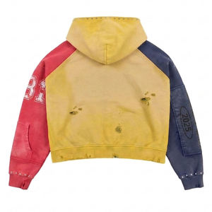 500GSM French Terry Vintage Wash Men's Oversized Graphic <b>Zip</b> Up Rhinestone Boxy Hoodie Distress Patchwork Cotton Hoodie Unisex - Product Image 2