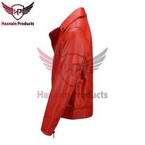 Veste en cuir véritable rouge pour homme, style motard asymétrique, en cuir de vachette, col à revers, poches zippées classiques, vêtement d'extérieur personnalisé pour l'hiver - Product Image 2