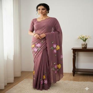 VASTRA COTTAGE Saree Premium de Georgette con Borde Pintado a Mano con Estampado Floral, Elegante Vestido de Fiesta Estilo Bollywood - Product Image 3