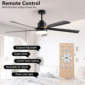 Modern 65-Inch <b>Black</b> LED <b>Ceiling</b> <b>Fan</b> with Light 5 Blade Quiet Design Dimmable Remote Control for Living Room - Product Image 3
