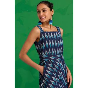 Vestido midi azul sin mangas con estampado Ikat para mujer, con lazo en la cintura, informal, de algodón, estilo étnico. - Product Image 3