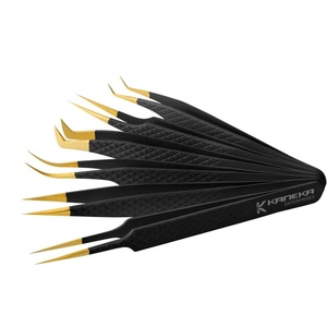 Pinces à cils antidérapantes noires avec motif à points dorés, en acier inoxydable, à pointe en fibre, pour extensions de cils et volume, vente en gros - Product Image 5
