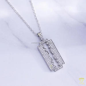Designer Razor Blade Pendant <b>Necklace</b> With Moissanite Diamonds <b>Solid</b> <b>Silver</b> Iced Out Streetwear Jewelry Style - Product Image 4
