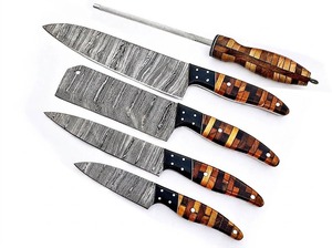 Juego de Cuchillos de Cocina de Acero de Damasco, 5 Piezas, Mango de Madera, Cuchillos de Chef de Hoja Recta, Hoja Biselada, Calidad Industrial - Product Image 3