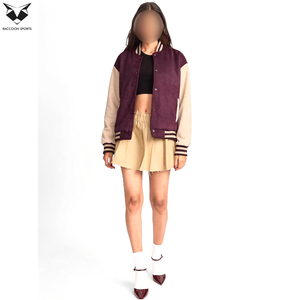Purple Beige Full Sleeve Turn Down Collar Button Closure Autumn Regular Length Contrast Color Design Women Varsity Jackets - Product Image 3