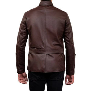Veste en cuir véritable pour homme, marron, col rabattu, décontractée, coupe classique, fermeture à boutons simples, automne - Product Image 4