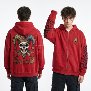 Sudadera con capucha y cremallera con estampado de máscara de terror Camp Dead End, 400GSM, gris claro, estilo desgastado, inspirada en películas de slasher, para hombre, estilo streetwear. - Product Image 4