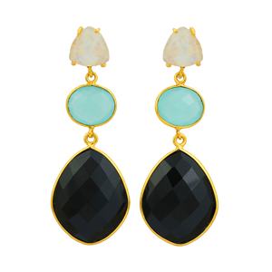 Boucles d'oreilles longues en argent sterling 925 haut naturel blanc arc-en-ciel Aqua calcédoine et onyx noir Design à la mode - Product Image 1