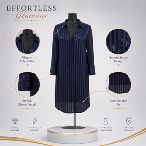 Luxury Navy Blue <b>Sequin</b> Shirt Dress for Women Elegant Collared V Neck Midi Dress Long Sleeve Party Cocktail Evening Casual Wear - Product Image 5