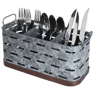 Farmhouse Galvanized Metal Utensil <b>Caddy</b> Organizer Set Of 3 Silverware Flatware Cutlery Holder With Wooden Handles For Kitchen - Product Image 3