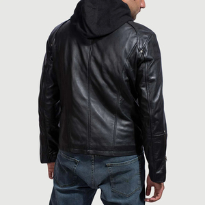 <b>Men's</b> Black Genuine <b>Leather</b> Moto <b>Jacket</b> Hooded Zipper Closure Regular Sleeve Solid Color Autumn Style - Product Image 3