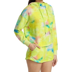 Sudadera con capucha tie-dye personalizada para mujer, amarillo neón, de algodón French Terry, cuello tipo cuello de embudo, hombros caídos, OEM - Product Image 3