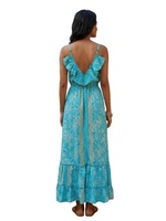 Talla Única Y2K Boho, Vestido Maxi de Seda Tejida India con Estampado Floral, Estilo Coreano de Verano, Cuello en V, Sin Mangas, con Aberturas, Antiarrugas, Lavable, Dulce