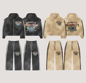 Nouvel ensemble pantalon et sweat à capuche personnalisé 2026 avec strass et impression sérigraphiée, style vintage, qualité supérieure, grammage lourd, couleur unie - Product Image 1
