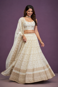 <b>White</b> Georgette <b>Lehenga</b> Choli Wholesale Indian Wedding Wear Embroidery Zari Sequence Work Bridal Semi Stitched <b>Lehenga</b> Set - Product Image 6