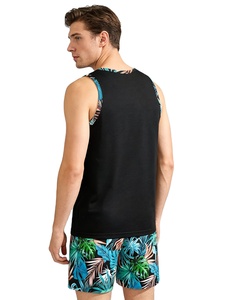 Men's Tropical Plant Print Casual Two-Piece Loungewear Set with Black Panel Tank Top Print Shorts 100% Cotton Quick Dry Summer - Product Image 4