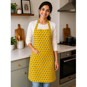 Tablier en mélange de coton et de lin de qualité supérieure |   Tablier à bretelles imprimé floral jaune avec grande poche avant |   Cuisine réglable pour la préparation des aliments - Product Image 1