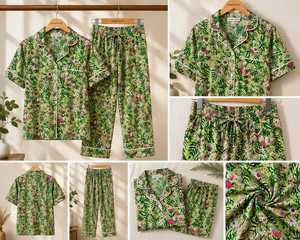 Conjunto de Pijama de Dos Piezas de Lujo para Mujer, de Algodón con Estampado Floral, Cuello en V, Cierre de Botones, Manga Corta, Largo Completo, Elegante, Casual, Transpirable para Verano - Product Image 4