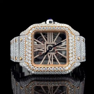 Montre-bracelet de luxe pour homme, cadran squelette carré, entièrement pavée de diamants, montre mécanique de mode en or rose avec lunette sertie de diamants - Product Image 1