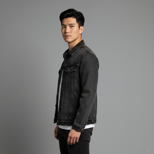 Veste en jean pour homme 2026 personnalisée, 100 % coton, coupe longue et ample, noire unie, avec logo frontal, style vintage, coupe-vent, boutonnée - Product Image 2