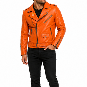 Blouson Moto Homme en Cuir PU Orange Coupe Slim Col Montant Fermeture Éclair Manches Classiques Style Hiver Logo Frontal Tendance Urbaine - Product Image 2