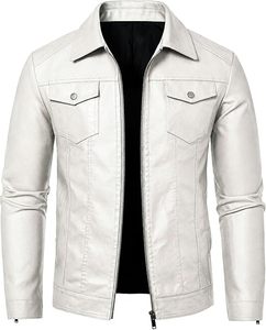 <b>Men's</b> <b>White</b> Genuine Leather Moto <b>Jacket</b> Slim Fit Turn-down Collar Zipper Closure Regular Sleeve Solid Color Autumn Wear - Product Image 1