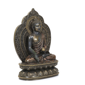 Vente en gros : Sculpture de Bouddha de la Guérison assis en résine, avec halo sculpté au dos, finition métallique antique, pour la décoration de table et d'intérieur - Product Image 2