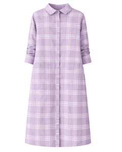 Robe chemise longue à carreaux lavande pour femme, boutonnée, décontractée, mi-longue, manches longues, personnalisable, vente en gros - Product Image 1