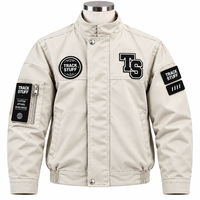 Blouson Bomber Homme Col Montant Beige avec Patch Logo Lettres Coupe-Vent Imperméable Décontracté Hiver Style Urbain