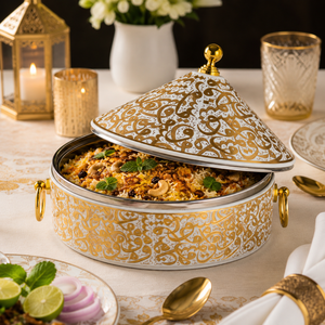 Casserole en acier inoxydable à motif doré de luxe avec couvercle conique |   Bol isotherme chauffe-plat pour la maison et les restaurants - Product Image 3