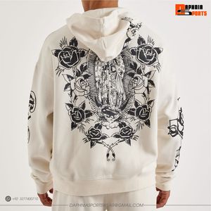 Sudadera con capucha blanca con cremallera para hombre, estilo oversize, con estampado de calavera serigrafiado, de felpa francesa de algodón. - Product Image 2