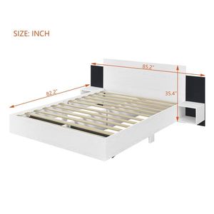 Queen Size Oak Floating <b>Platform</b> <b>Bed</b> <b>Frame</b> Comfortable Hand Carved LED Lights White Bedside Nightstand Wooden Storage Option - Product Image 3