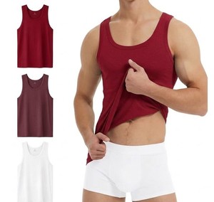 Men's Solid Color Cotton Tank <b>Top</b> O-Neck Knitted Breathable Casual Vest Red White <b>Maroon</b> - Product Image 1