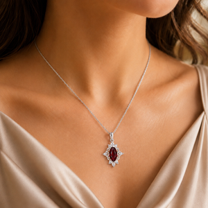 Plated Yellow Gold Pendant <b>Necklace</b> Marquise Red Gemstone Anniversary Floral Jewelry for Women - Product Image 4