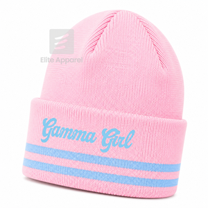 Custom Gamma Phi Delta Sorority Knit <b>Beanie</b> Sky <b>blue</b> and pink Casual Style embroidered logo with stripes for female - Product Image 2