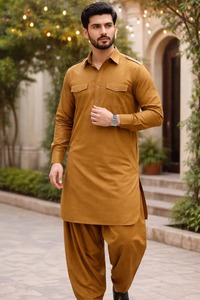 Conjunto de Kurta y Shalwar de Algodón Color Mostaza para Hombre, Corte Regular, Estilo Tradicional Indio-Pakistaní, Informal, para Todas las Temporadas, Sin Arrugas, Largo hasta el Tobillo - Product Image 3