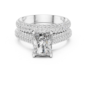 Bague de fiançailles de luxe en or rose avec diamant de laboratoire taille émeraude et double pavé, ensemble de bijoux de mariée moderne en diamant pour femme - Product Image 4