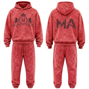 Conjunto Deportivo para Hombre, Rojo, Lavado Ácido, 100% Algodón, 480 gsm, Alta Calidad, con Pedrería, Pantalones Largos con Cordón Ajustable, Ropa Casual - Product Image 1
